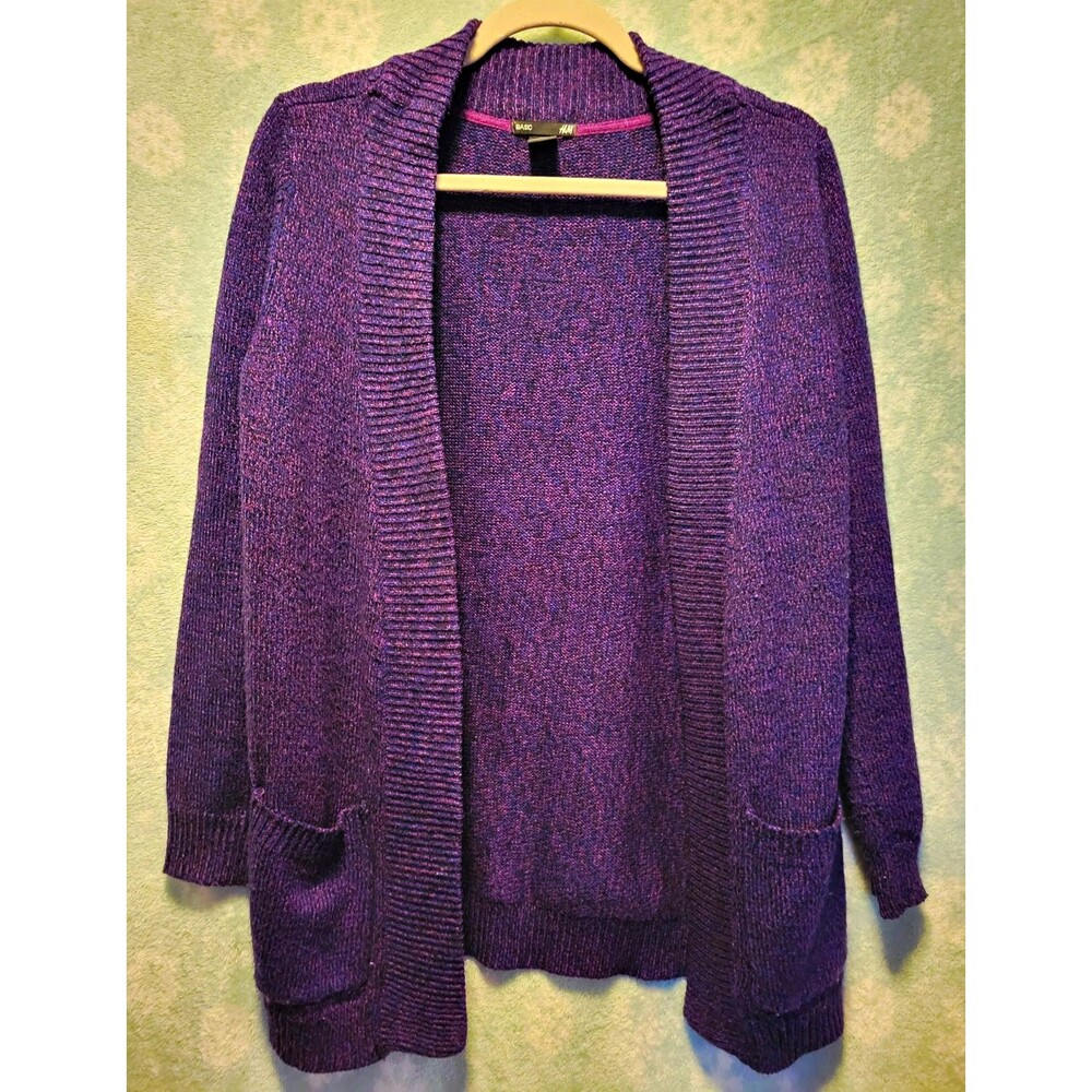 H&M Womens M Purple Solid Knit Cardigan Sweater Shawl Collar Pockets Teacher